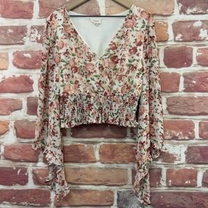 Meraki Crop Top Women's XL Multicolor Chic Garden Floral Asymmetric Sleeve Shirt